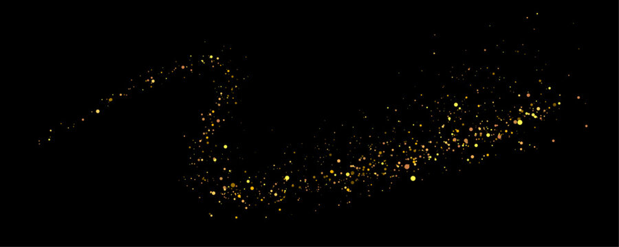 Shimmering swirl, golden confetti sparkles with radiant dust, glowing glitter and vector festive light effects. Floating bokeh circles add soft depth beside twinkling stars and elegant highlights.
