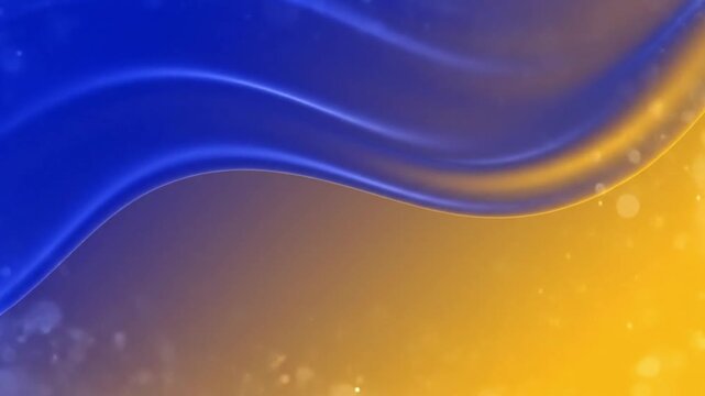 Smooth blue and yellow liquid waves flowing across a vibrant gradient background with light bokeh