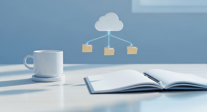 Digital cloud storage icon connecting to multiple yellow folders above a desk with open notebook