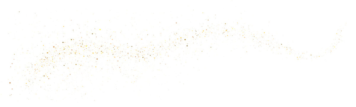 Festive light particles with yellow glitter dust on white background. Glowing bokeh circles, bright sparkle overlay and lens flare. Vector PNG illustration.