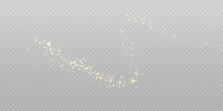 Bright bokeh circles blend into a festive glow. Golden light particles shimmer through transparent space with radiant glitter and luminous dust. Vector PNG illustration with sparkling texture.