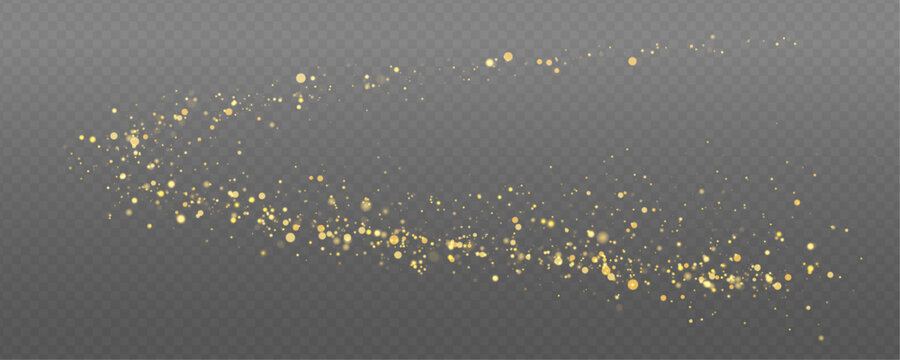 Glitter gold dust on transparent background with glowing bokeh and soft highlights. Floating shimmer particles sparkle naturally. Vector PNG illustration with light overlay and lens flare.