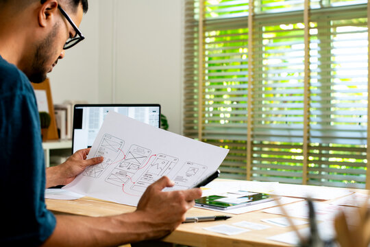 UX UI designer working on wireframes for a website and mobile app prototype, surrounded by sketches of user-flow and design tools, in concept of website and mobile application design concept.