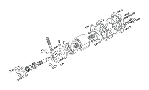 Technical isometric exploded view of hydraulic piston pump components