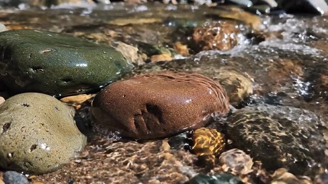 Smooth wet river stones under clear flowing water with sunlight refracting on a pebble riverbed