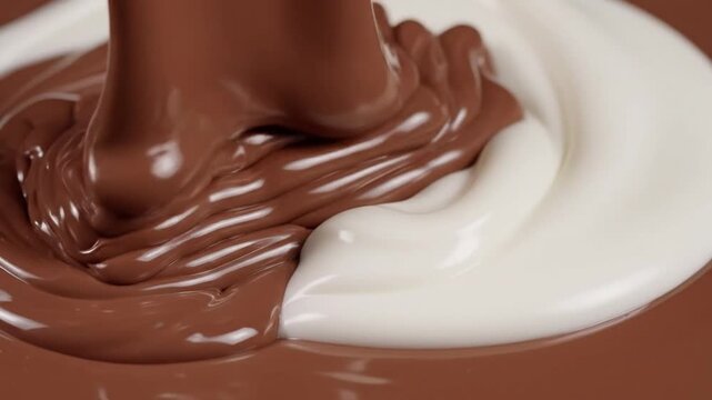 Smooth milk chocolate and white cream pouring and mixing together in a delicious swirl