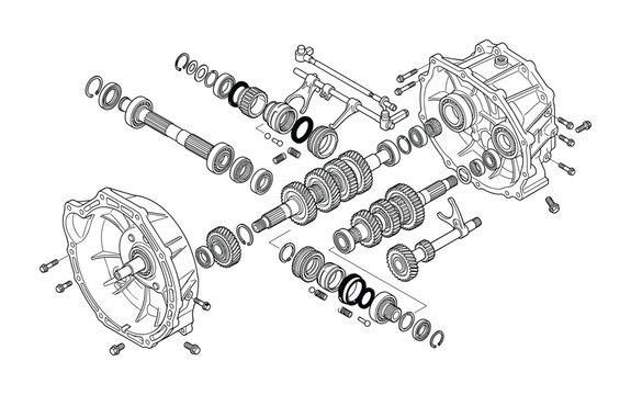 Technical exploded view diagram of an automotive gearbox assembly.