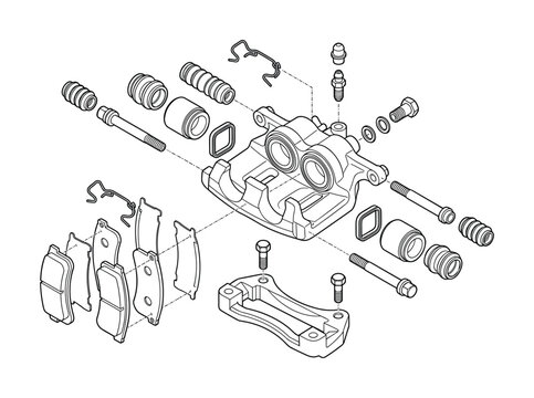 Technical exploded view of dual piston automotive brake caliper assembly