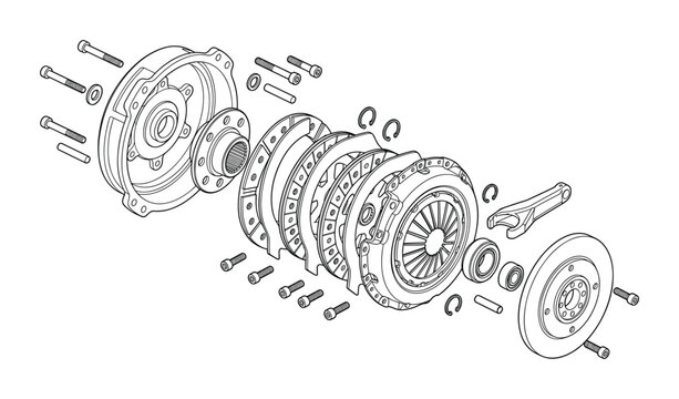 Isometric technical diagram of an exploded automotive clutch assembly