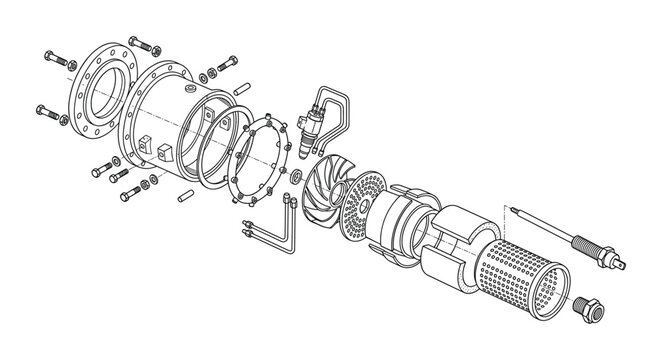 Isometric technical drawing of industrial pump assembly exploded view