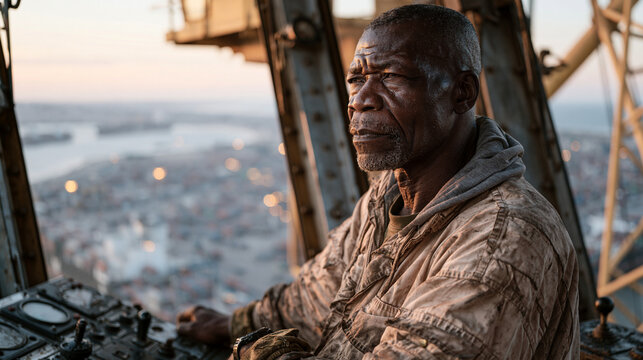 Ghanaian crane operator high above a coastal port container yard at golden hour, steel cab interior with worn controls, massive shipping vessels below, logistics infrastructure,