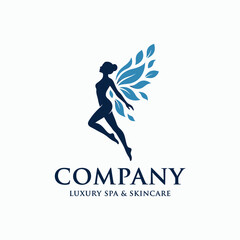Obraz premium Blue winged female silhouette luxury spa logo.