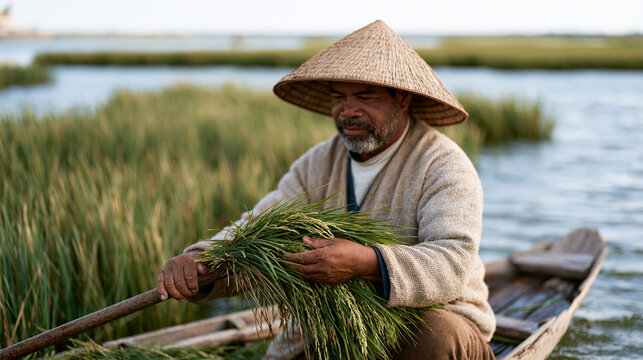 Vietnamese floating rice farmer harvesting from a wooden boat in a flooded delta, long pole, wide establishing shot of terraced water landscape, autumn harvest season, Southeast