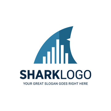 Blue shark fin logo featuring growth bar charts.