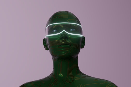 Green circuit humanoid wearing glowing smart visor