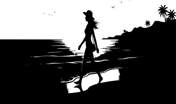 Sunset Beach Walk Silhouette - Minimal Black Vector for Summer Evenings