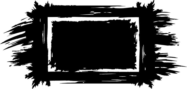 Black grunge paint brush stroke rectangular frame isolated on a transparent background for creative design