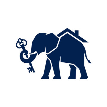 Blue elephant logo with house roof holding a key.