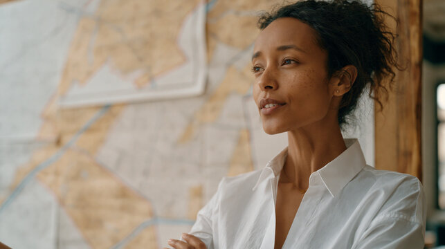 Ethiopian urban planner reviewing hand-drawn zoning overlay maps pinned to large wall board in municipal office, African city development, infrastructure planning profession,