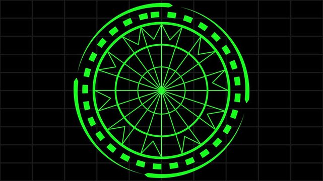 Technical data verification graphics plot green electronic matrix lines on dark. Cyber security infrastructure checking tools apply a technical data verification graphic loop.