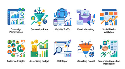 Fototapeta premium Marketing icons showcase campaign performance metrics and analytics tools on a digital dashboard screen.