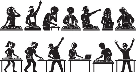 Fototapeta premium DJ silhouettes, music icons, vector graphics, black and white, party illustrations, nightlife elements isolated on Transparent Background