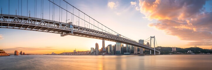 Fototapeta premium Panoramic view of city bridge at sunset with water reflection as clean cutout