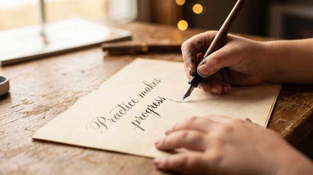 Person practicing calligraphy writing the phrase practice makes progress on vintage paper.