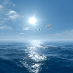 Obraz premium Seagulls Flying Over a Blue Ocean Under a Bright Sunny Sky Illustration