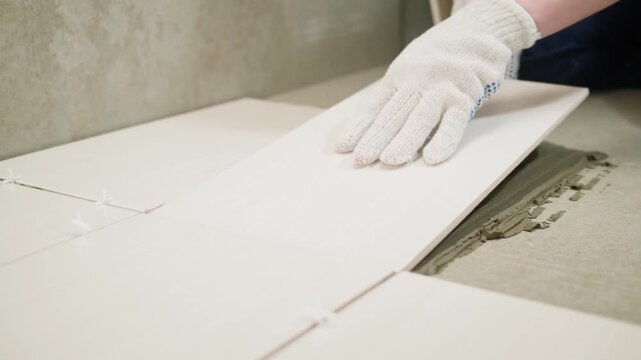 Worker Applying Cement And Installing Ceramic Tiles On Floor