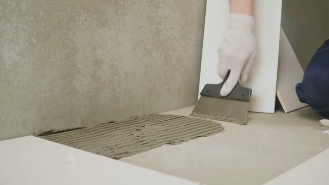 Renovation Builder Installing Wall And Floor Ceramic Tiles