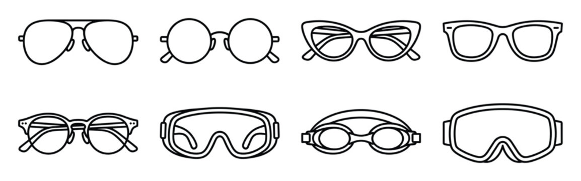 Minimalist collection of eyewear line icons with sunglasses and goggles