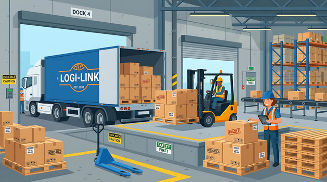 Warehouse Logistics and Cargo Transportation Illustration with Forklift Loading Truck