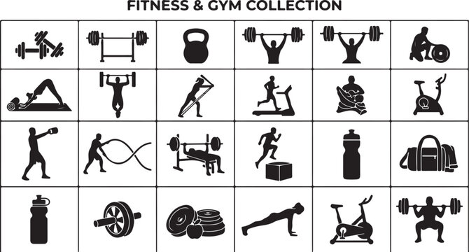Black and white of gym and fitness exercises and equipment gym exercises fitness workout dumbbell kettlebell
