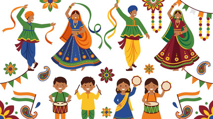 Fototapeta premium Indian cultural celebration with people dancing and children playing traditional instruments.