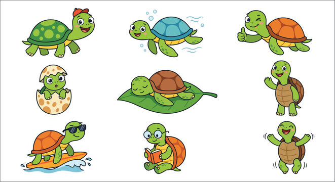 Cartoon turtles in various poses a colorful vector illustration on a white background turtle tortoise