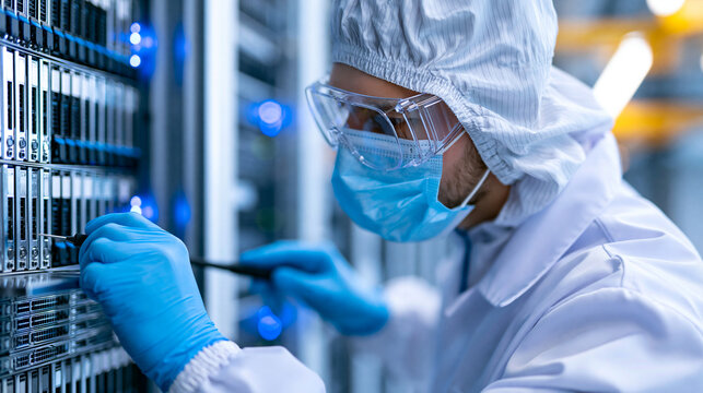 Faceless data center technician in white cleanroom suit performing routine hardware maintenance on server blade in sterile high-security facility, mission-critical infrastructure