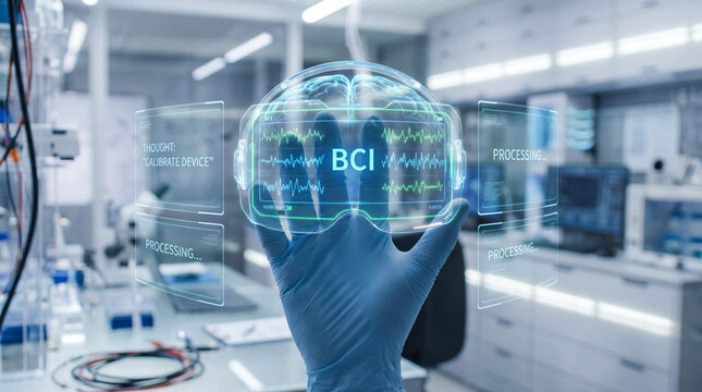 Brain interface medical laboratory gloved hand virtual display neuroscience signal data analysis technology