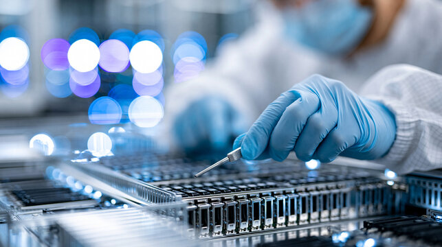 Faceless data center technician in white cleanroom suit performing routine hardware maintenance on server blade in sterile high-security facility, mission-critical infrastructure