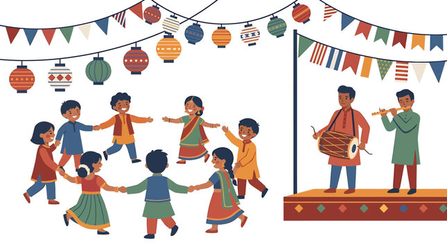 Children dancing in a circle with musicians playing traditional instruments at a festive celebration.