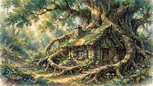 Anime style illustration, enchanting little wooden cottage built inside giant ancient tree roots in magical green forest with glowing sunbeams, blooming tiny mushrooms and wild flowers