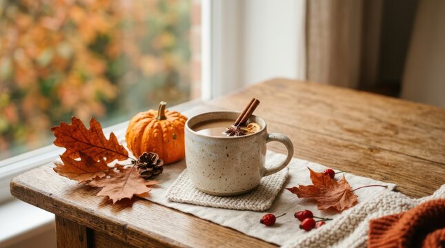 An orange pumpkin, a mug of warm tea with cinnamon, and dry fall leaves on a wooden table against a blurred window background. Atmospheric seasonal greeting card template.