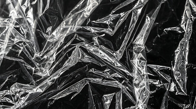 Crumpled plastic wrap texture on black background with reflective highlight wrinkles and dark abstract overlay patterns