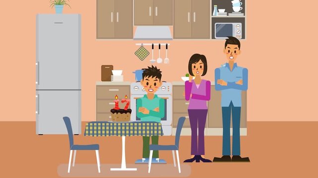 2D Animated Happy Family Mother Father and Son Standing in Modern Spacious Kitchen Room at Home Flat Vector Character Animation Footage