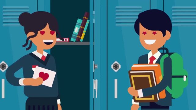 2D Animated Schoolgirl giving Love Letter to Schoolboy in Front of Locker Hallway Corridor Flat Vector Character Animation Footage