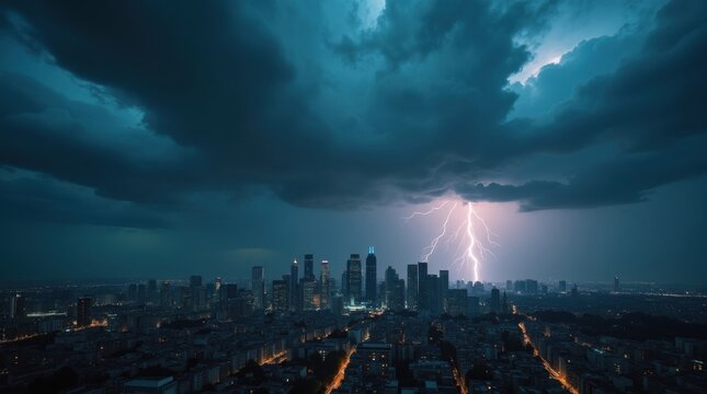 Una imponente tormenta el&eacute;ctrica se acerca al horizonte de una metr&oacute;polis moderna