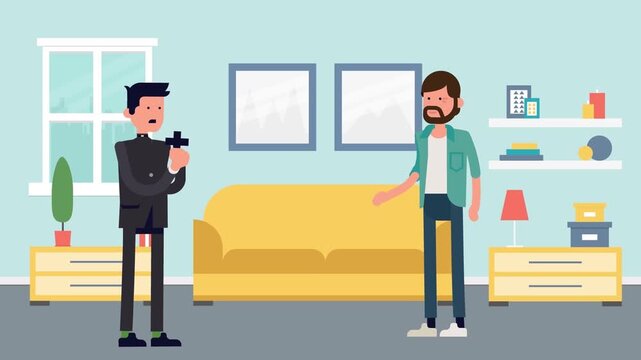 2D Animated Two Male Friends or Colleagues Talking and Gesturing inside Modern House Living Room Interior Flat Vector Character Animation Footage