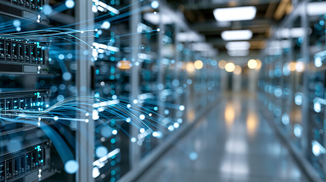 Server room with working equipment and data center hardware cluster with data streams and cloud storage network infrastructure for secure digital transfer, tech solutions concept,