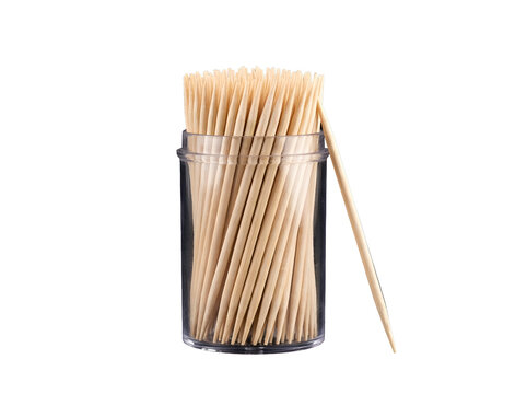 Wooden toothpicks in a clear plastic container isolated on transparent background