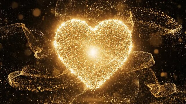 Sparkling golden heart shape pulsating with glowing particles for romantic celebration
